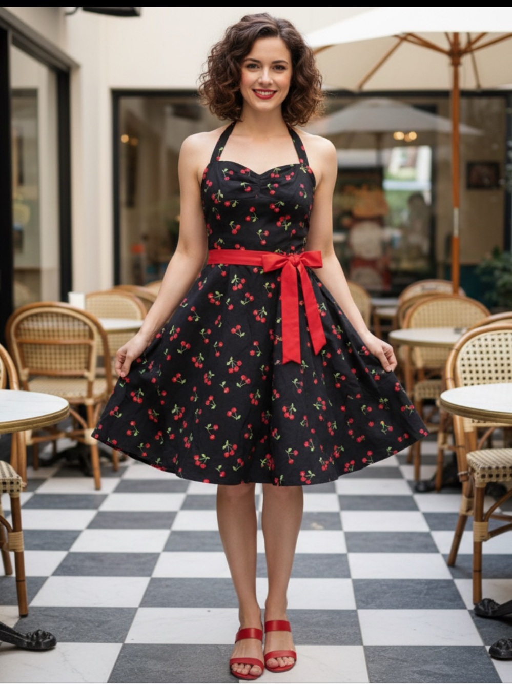 Girls Black Cherry Print Dress with Red Waist Tie